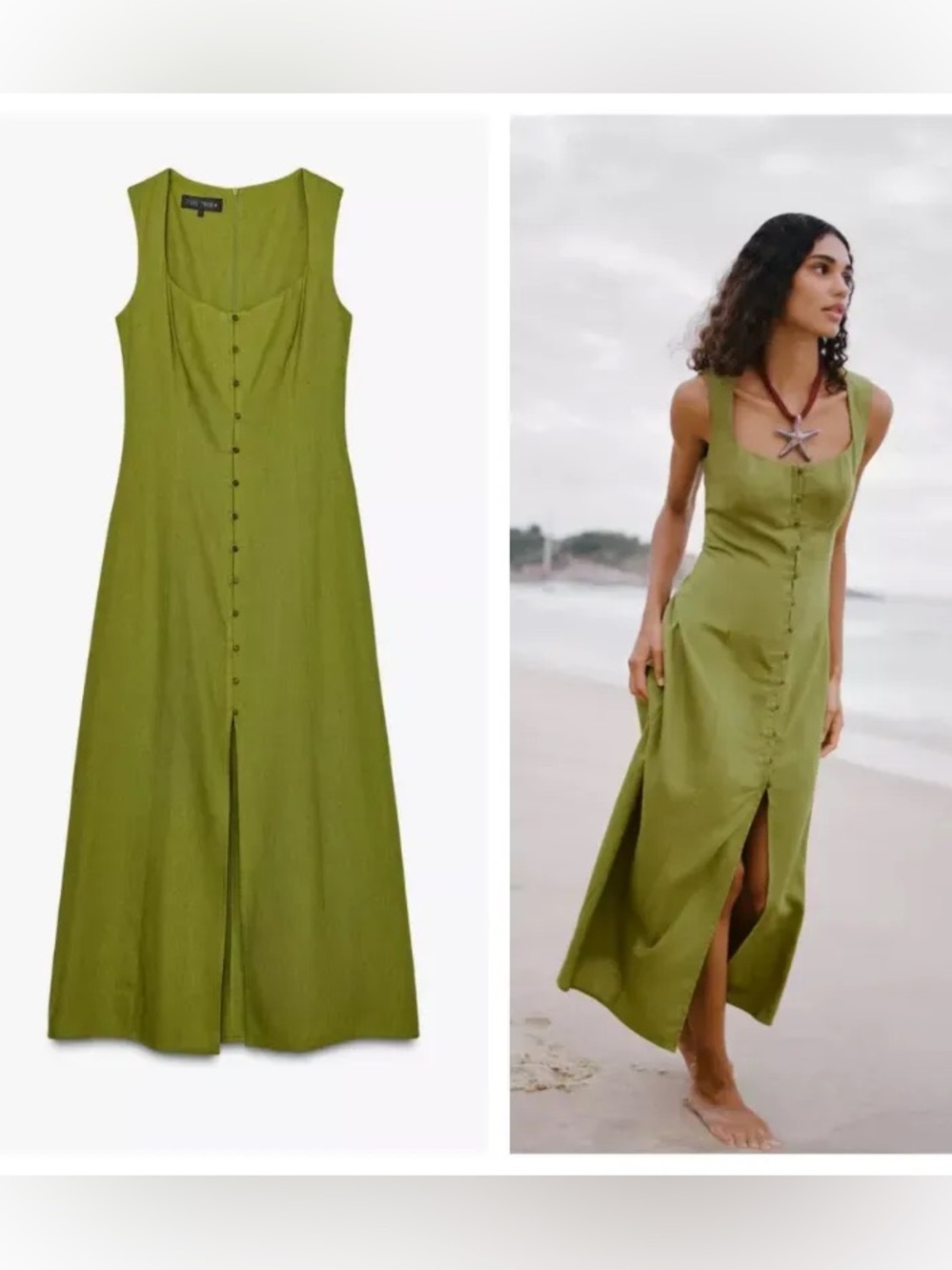 Zara Linen Blend Green Sleeveless Button Midi Dress Size XS